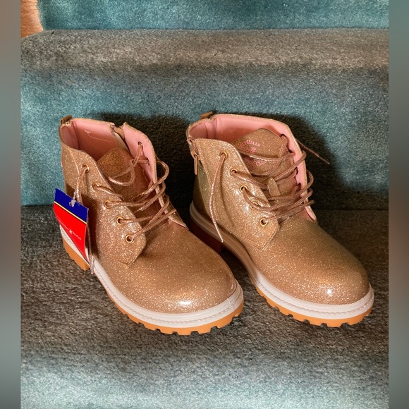 Beverly Hills Polo Club Gold Glitter Boots Lace Up Side Zip Sz 6 Pink Lining Fab - Picture 2 of 9